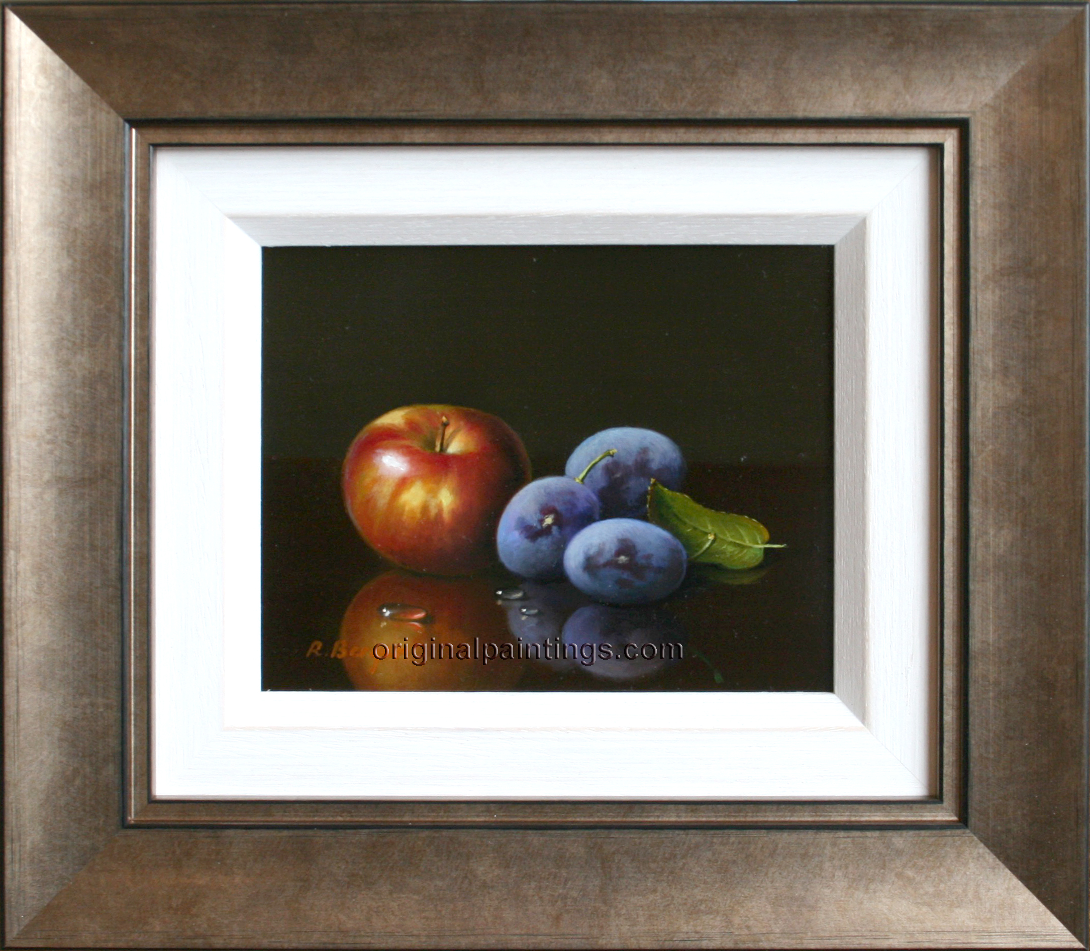 Berger, Original Oil Painting, Still Life with Apple & Plums