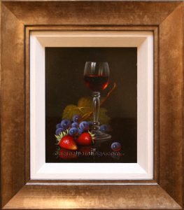 R Berger - Still Life with Red Wine, Grapes & Strawberries