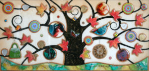 Kerry Darlington - Tree of Tranquillity with Autumn Leaves and Gold Clock