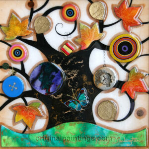 Kerry Darlington - Petite Tree of Tranquillity with Autumnal Leaves and Turquoise Butterfly