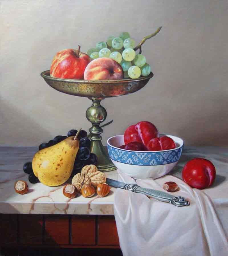 Philip Gerrard, Original Oil Painting, STILL LIFE WITH A BRASS FRUIT STAND AND FRUIT