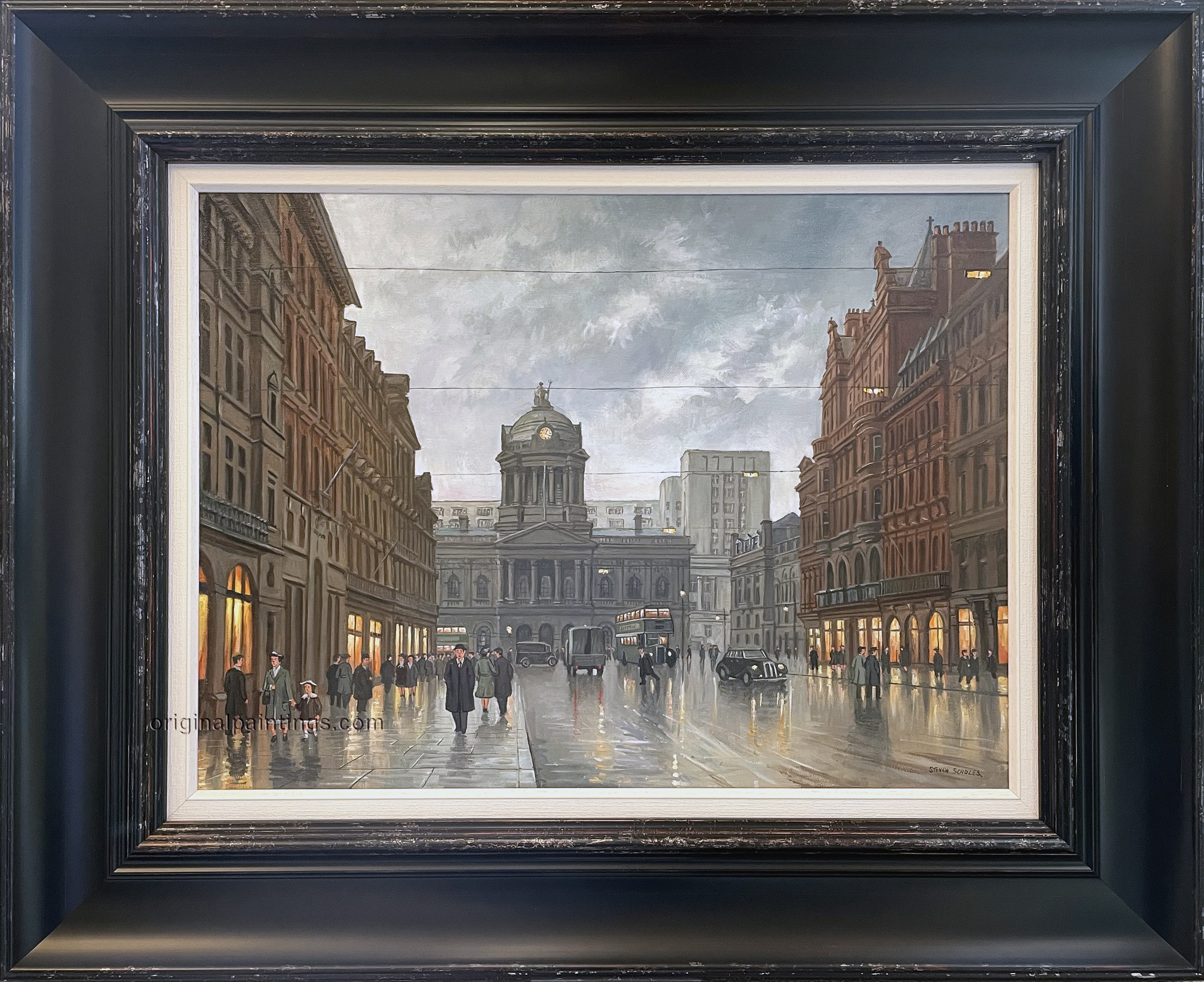 Steven Scholes, Original Oil Painting, Castle Street and Town Hall, Liverpool 1955