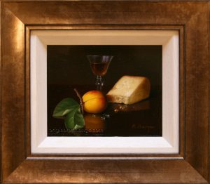 R Berger - Still Life with Wine, Peach & Cheese