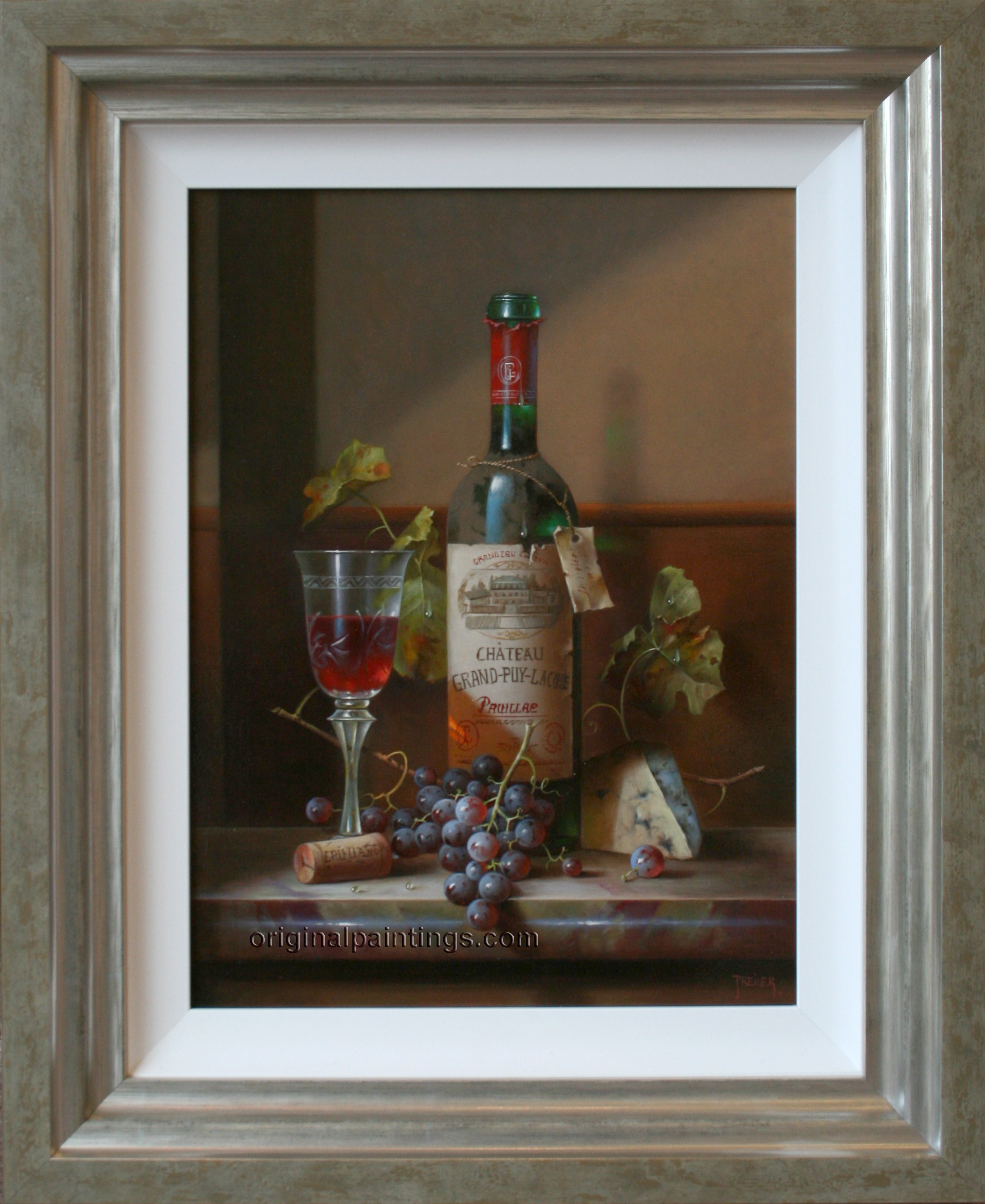 Zoltan Preiner, Original Oil Painting, Still Life with Chateau Grand Puy Lacoste